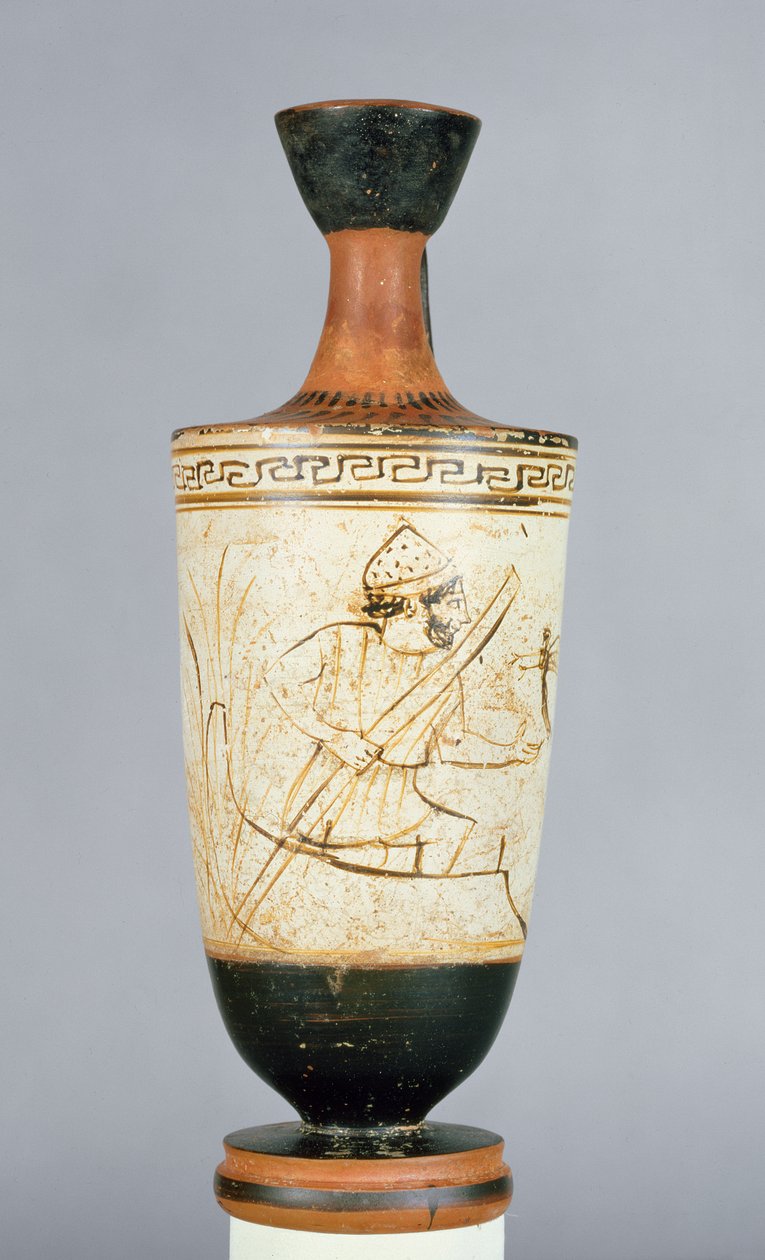 Attische weißgrundige Lekythos, dekoriert mit Charon, dem Fährmann der Unterwelt, der die Seele eines Verstorbenen empfängt, aus Athen, ca. 475-425 v. Chr. von Tymbos Painter