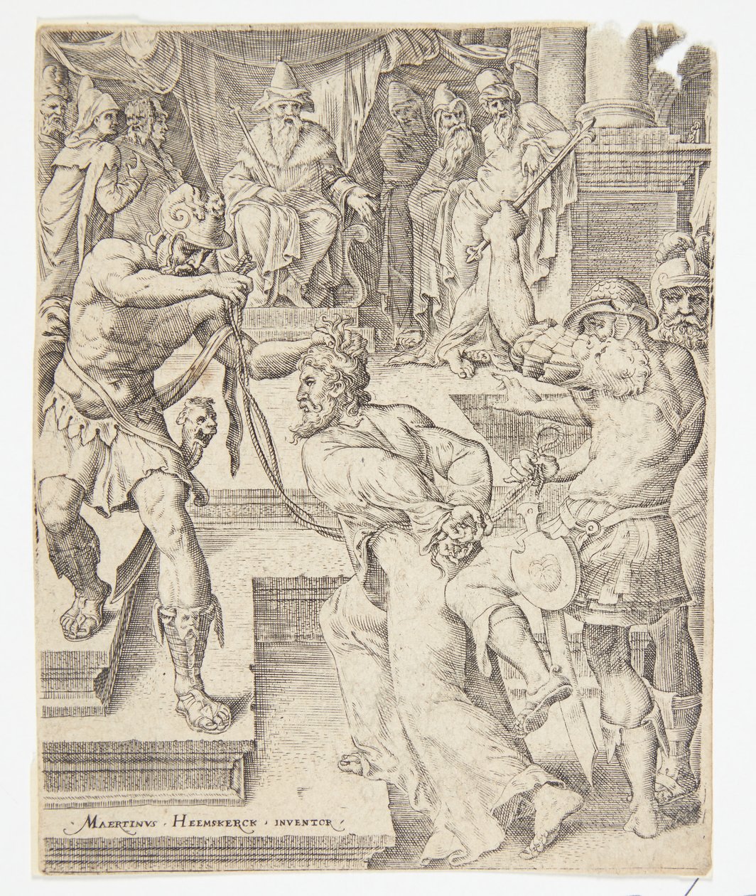Christus vor Kaiphas von Ubekendt efter Dirck Volckertsz. Coornhert efter Maarten van Heemskerck