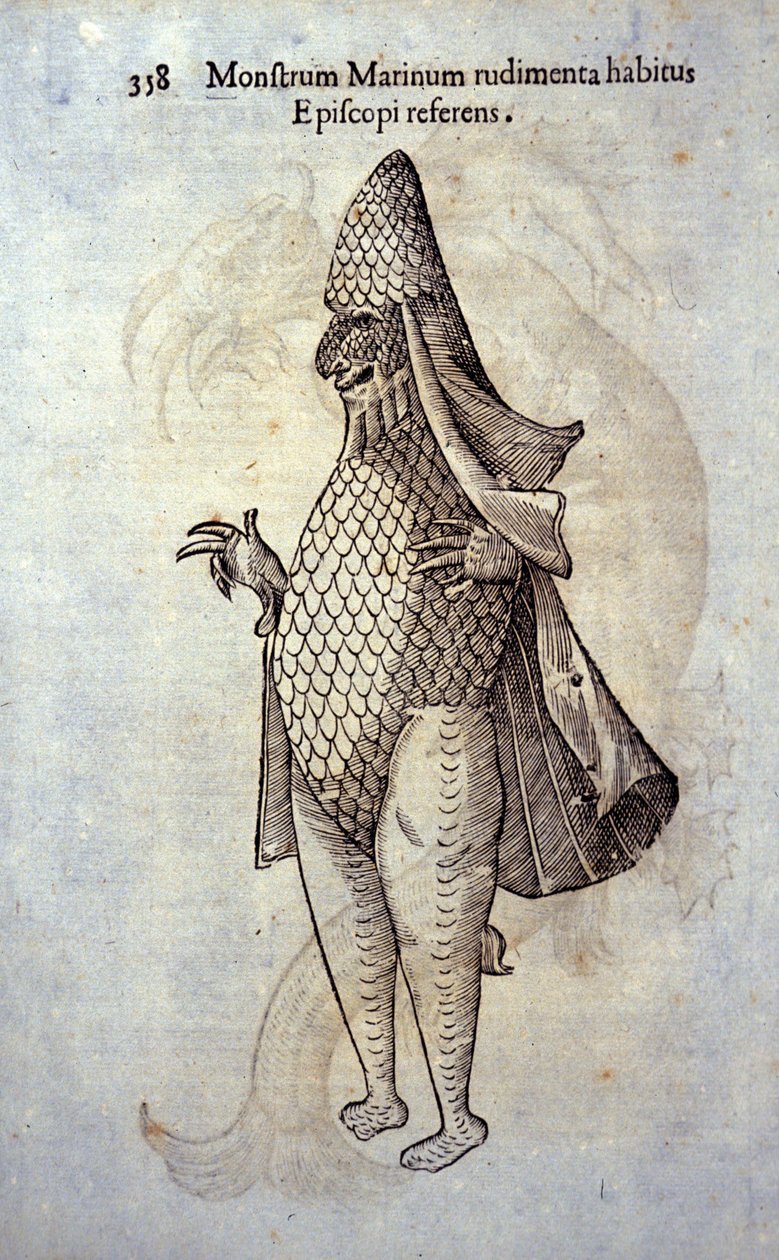 Der See-Eveque, imaginärer Fisch und Meeresmonster von Ulisse Aldrovandi (1522-1605), „Monstrorum Historiae“, Bologna 1642 von Ulisse Aldrovandi