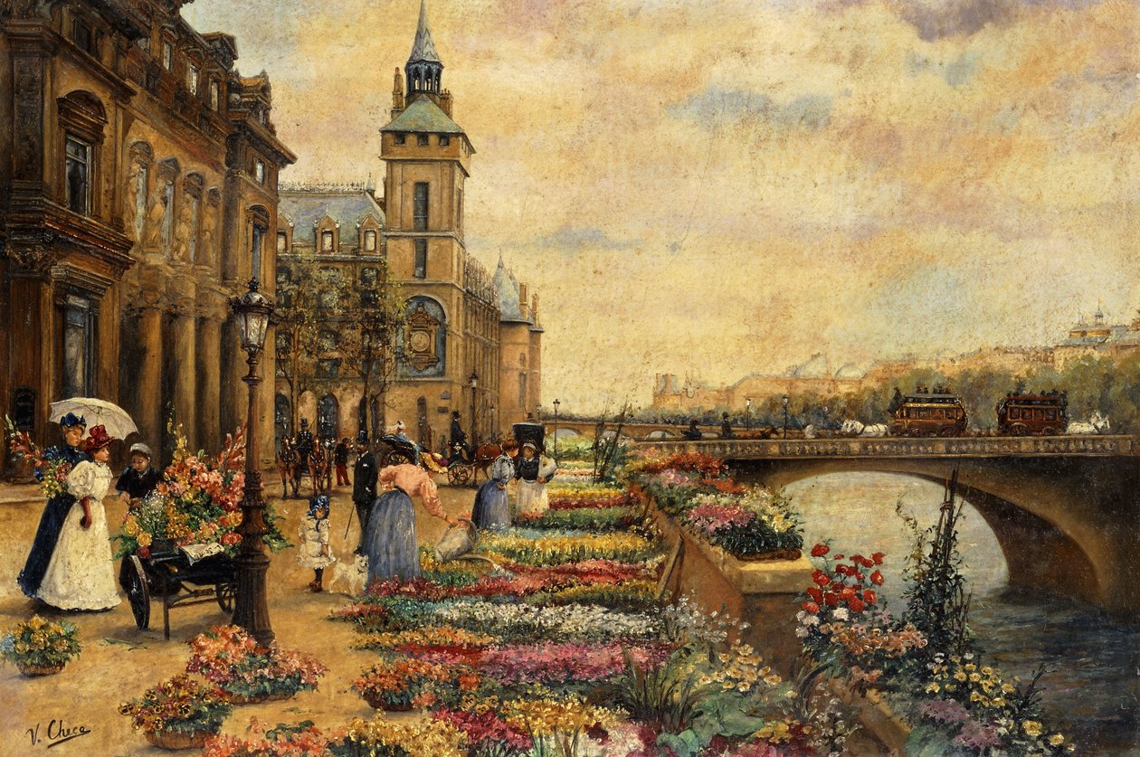Ein Blumenmarkt an der Seine von Ulpiano Checa y Sanz