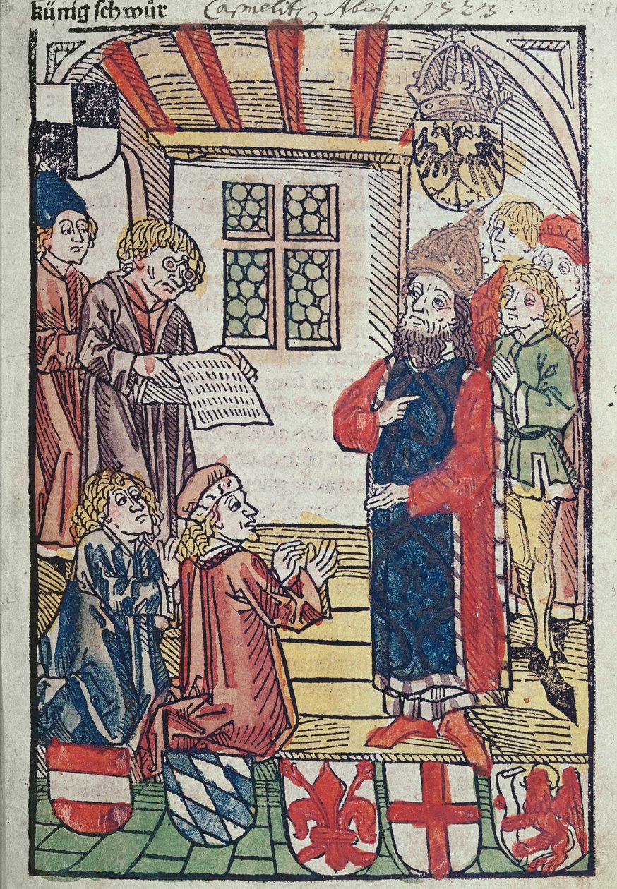 Der König der Römer, Sigismund von Luxemburg, empfängt die Huldigung von Herzog Friedrich von Österreich, 1483 von Ulrich von Richental