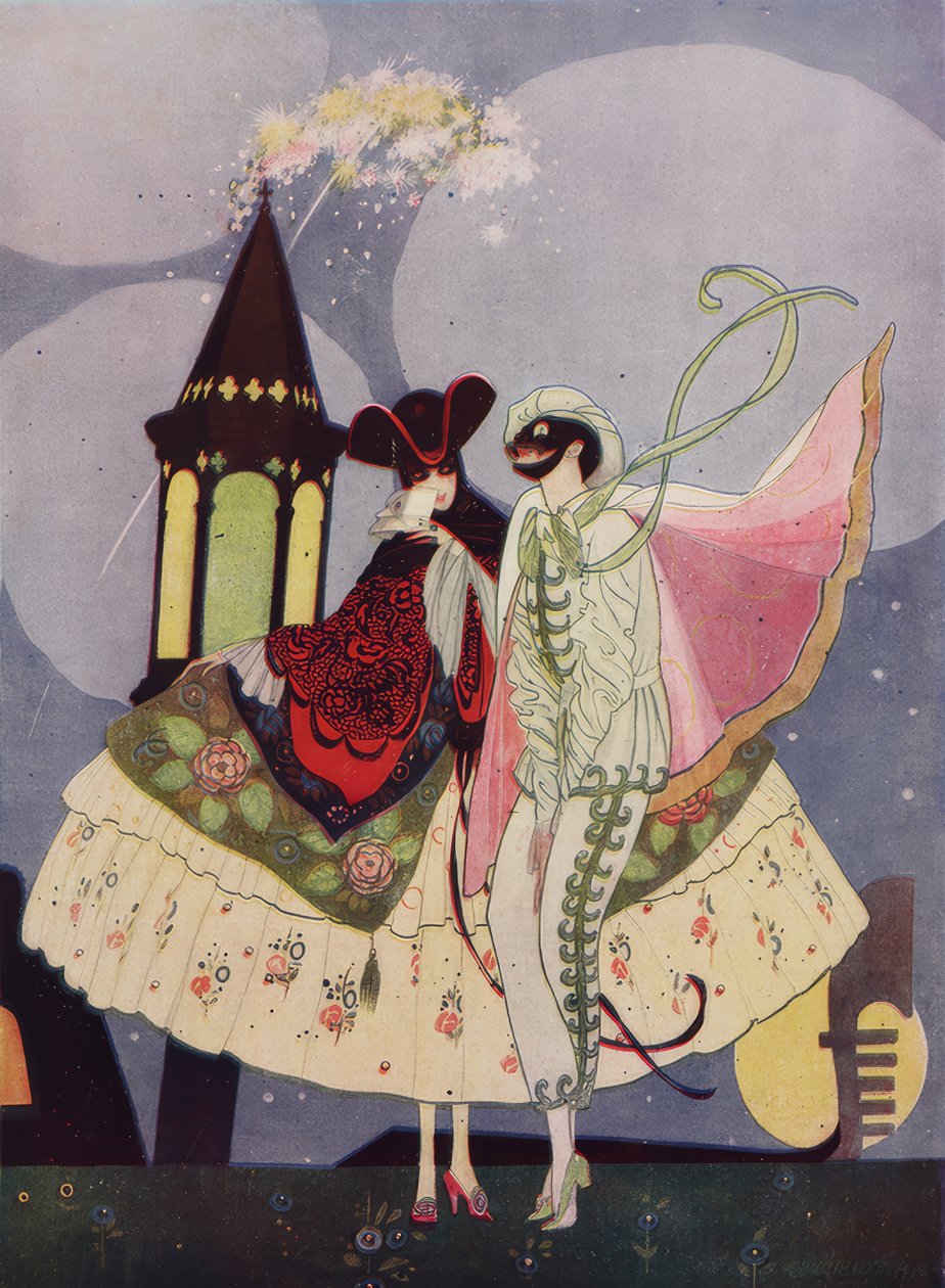 Zwei venezianische Masken und eine Gondel im Werk Carnevale von Umberto Brunelleschi