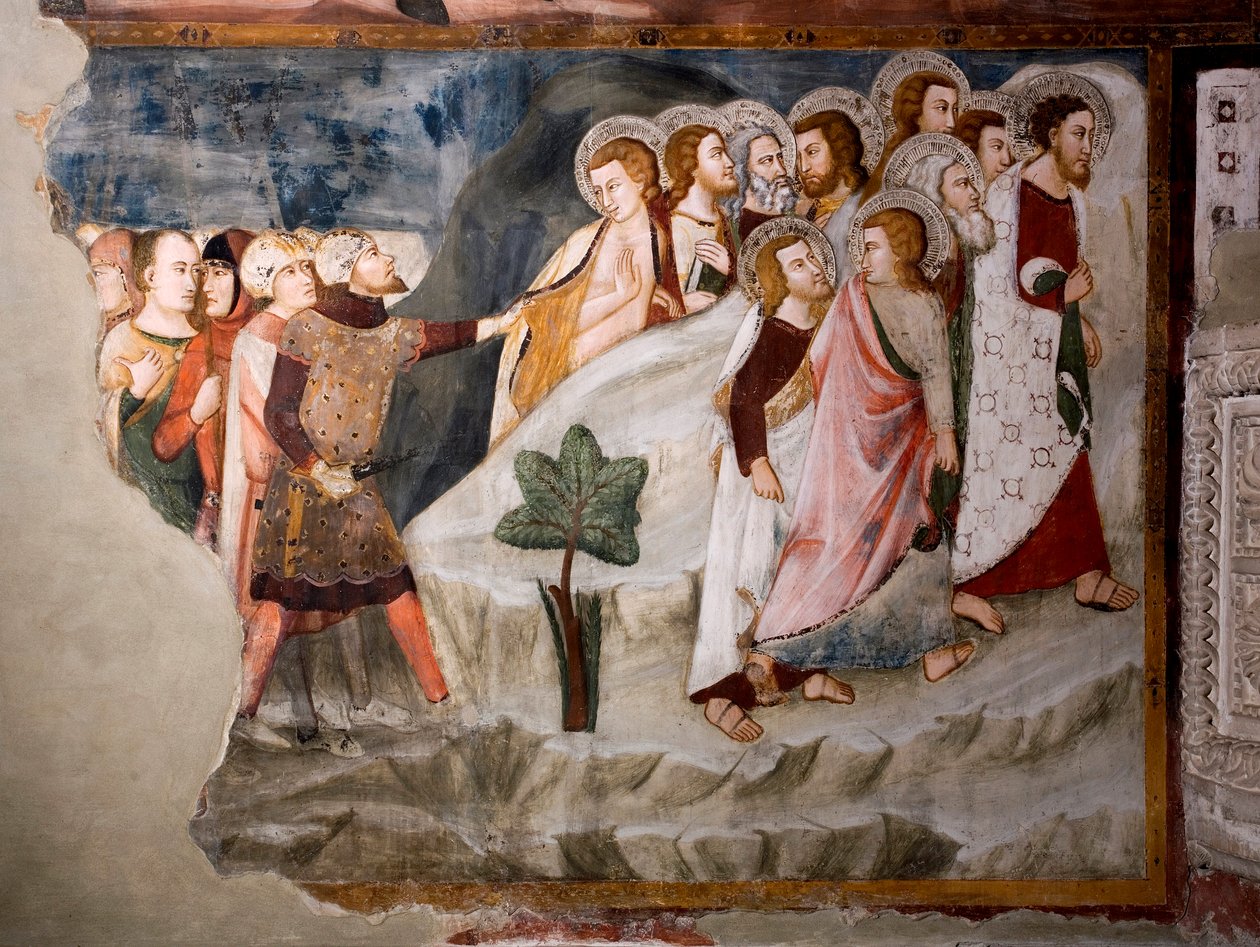 Die Flucht der Apostel (Detail). Fresko der Schule von Umbrien aus dem 15. Jahrhundert. Obere Kirche. Kloster von San Benedetto (Sacro Speco), Subiaco (Rom), Italien von Umbrian School