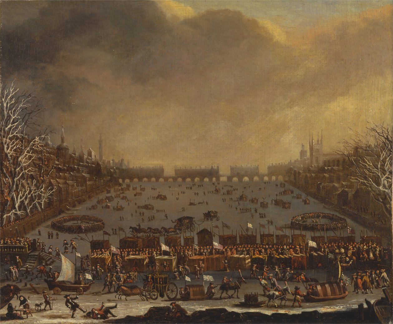 Frostmesse auf der Themse, mit der alten London Bridge in der Ferne von Unbekannt Unbekannt