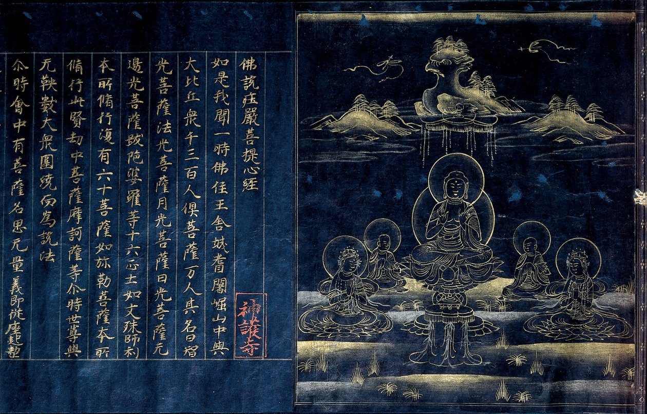 Sutra-Frontispiz, das den predigenden Buddha darstellt (Detail) von Unbekannt Unbekannt