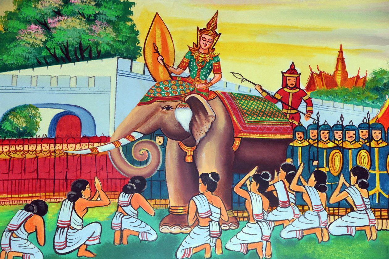 20151029, Vientiane, Laos: Wat Si Muang (Simuong) buddhistischer Tempel. Malerei, die die Lebensgeschichte von Shakyamuni Buddha darstellt von Unbekannt