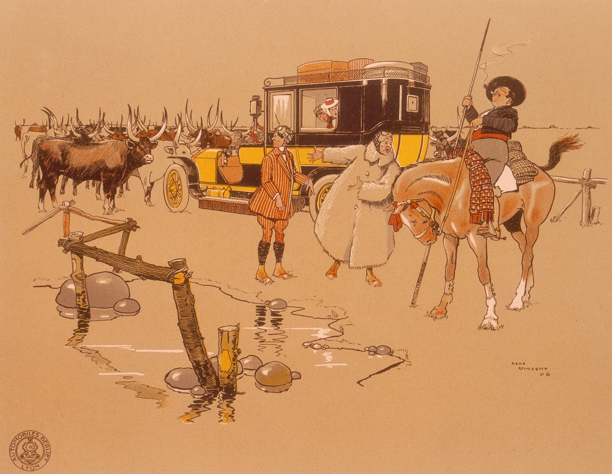 Ein Berliet-Auto steckt mitten im Vieh fest, 1906 von Unbekannt