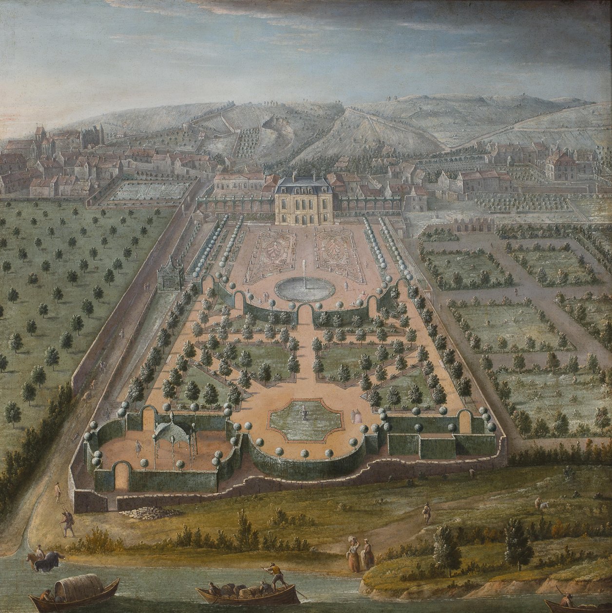 Ein französisches Anwesen, Öl auf Leinwand, 131 x 130 cm; Französische Schule, frühes 18. Jahrhundert von Unbekannt