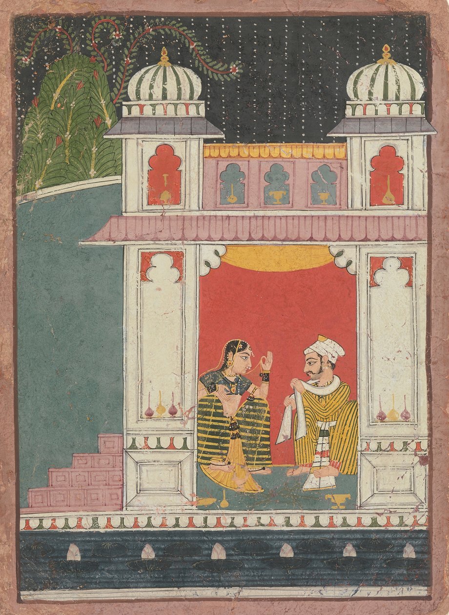 Eine Heldin und ihr Liebhaber in einem Pavillon: Seite aus einem verstreuten Nayikabheda, ca. 1660-80 von Unbekannt