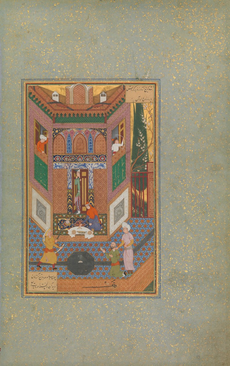 Ein Raufbold verschont das Leben eines armen Mannes, Folio 4v aus einem Mantiq al-tair Sprache der Vögel, 16. Jahrhundert von Unbekannt
