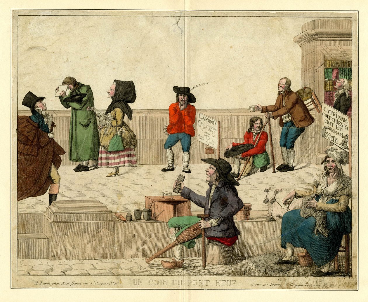 Eine Ecke des Pont Neuf, Paris, mit lahmen Bettlern und Straßenverkäufern, ca. 1813 von Unbekannt