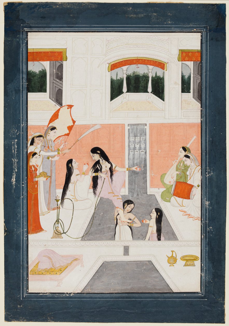 Eine Dame bei ihrer Toilette hört Musik neben einem Palastwasserfall, um 1780 von Unbekannt