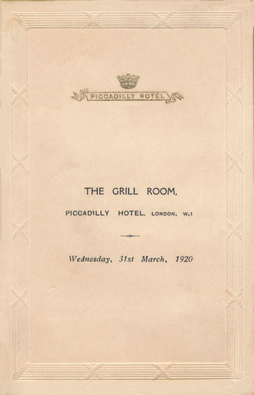 Ein Menü für den Grill Room des Piccadilly Hotels, London, 1920 von Unbekannt