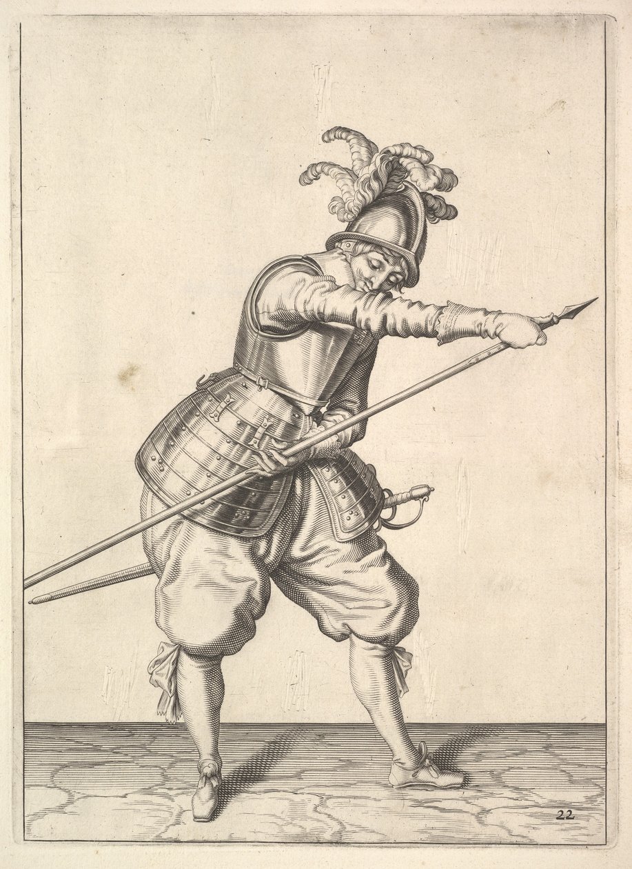 Ein Soldat, der seine rechte Hand entlang der Trainingslanze gleiten lässt, aus der Lansquenets-Serie, Platte 2 von Unbekannt