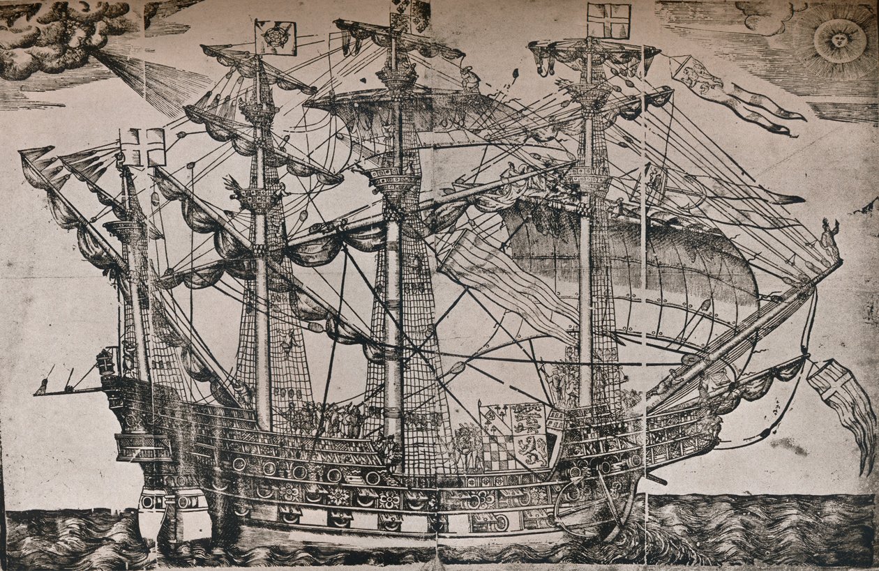 Ein Holzschnitt eines Schiffes, das als The Ark Royal gilt, um 1587 von Unbekannt