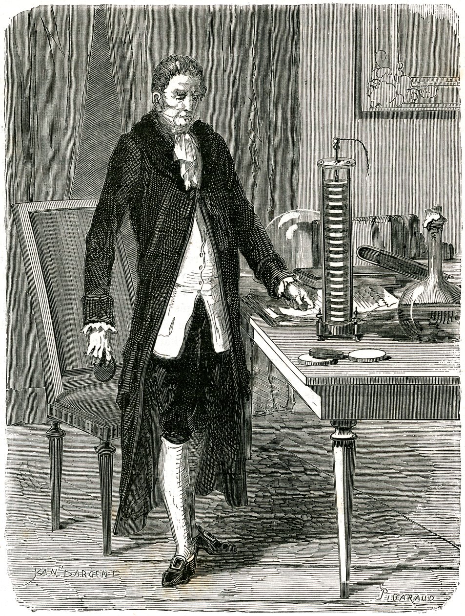 Alessandro Volta, italienischer Physiker, demonstriert seine elektrische Batterie, ca. 1800 ca. 1870 von Unbekannt