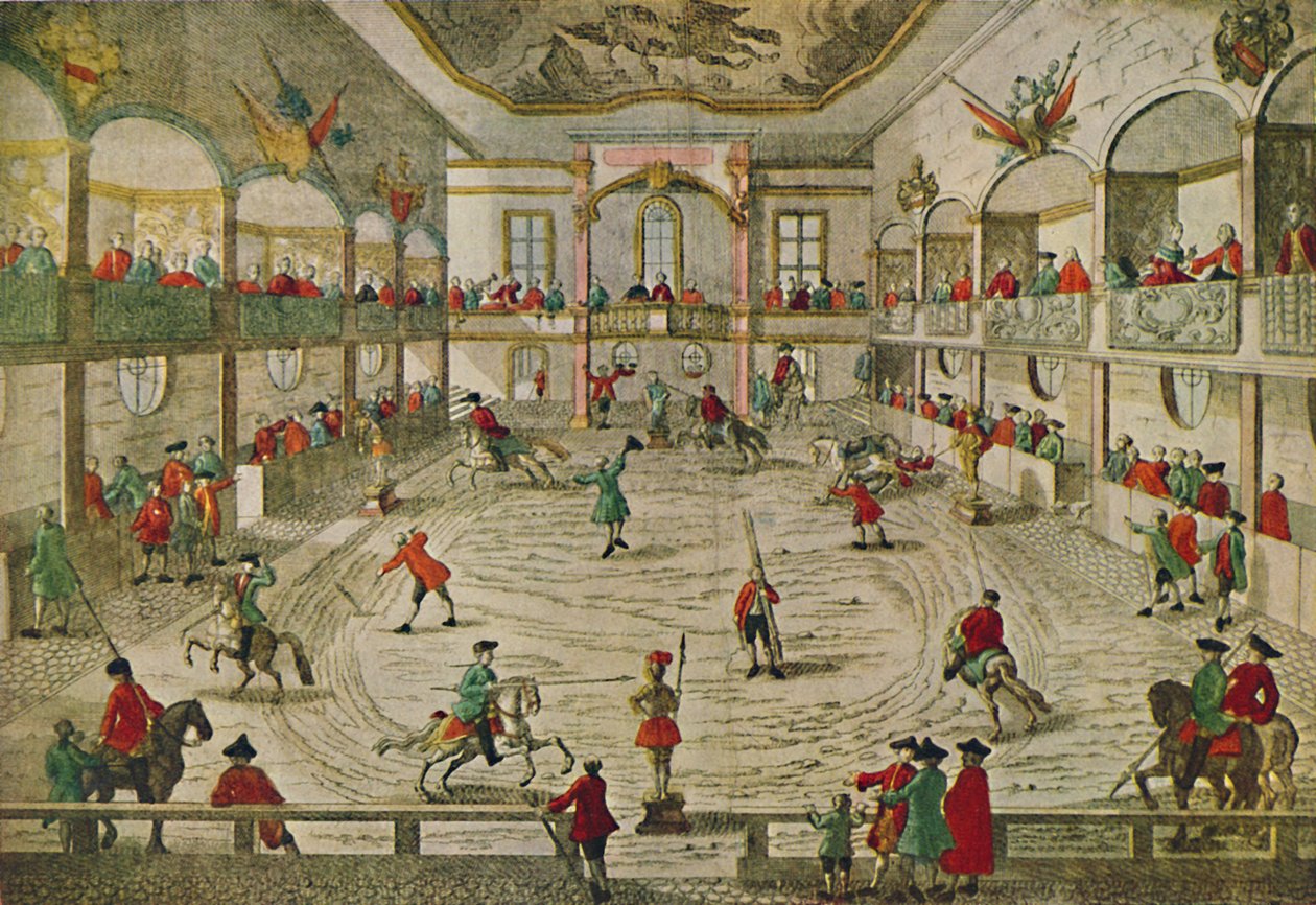 Eine Reitschule des 18. Jahrhunderts, die den Übergang zum Zirkusring zeigt, 1942 von Unbekannt