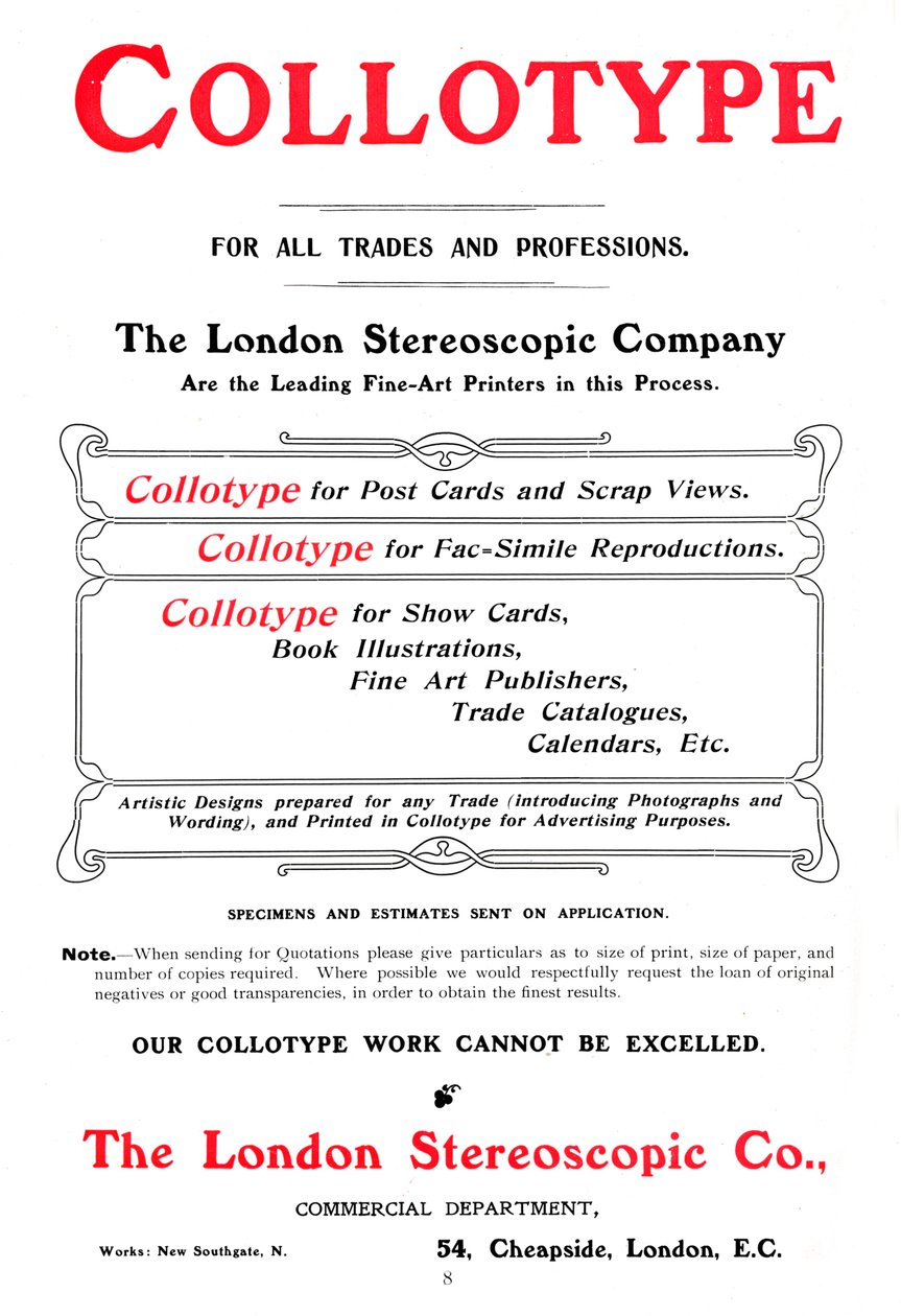 Eine Werbung für den Collotypie-Prozess, angeboten von der London Stereoscopic Company, 1903 von Unbekannt