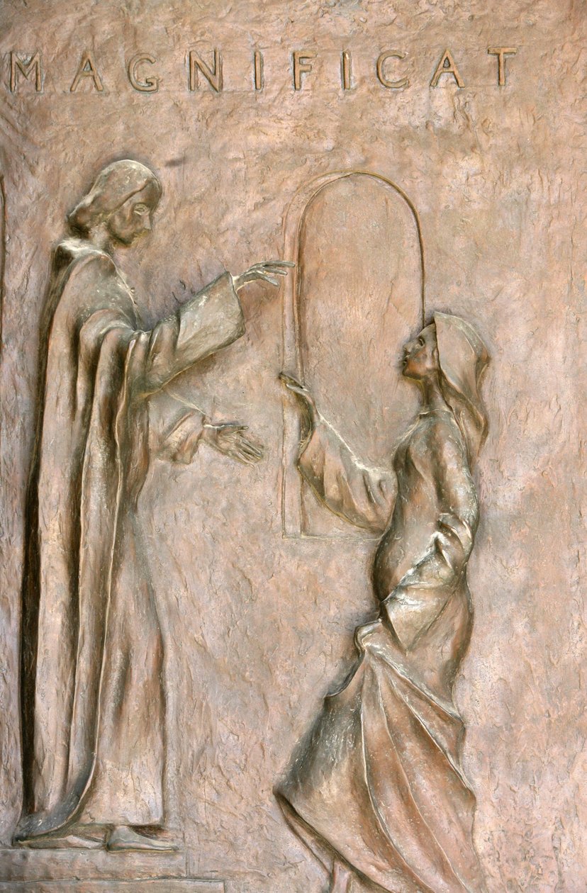 Skulptur an der Tür der Verkündigungsbasilika: die Heimsuchung (Maria und Elisabeth), Nazareth, Israel von Unbekannt