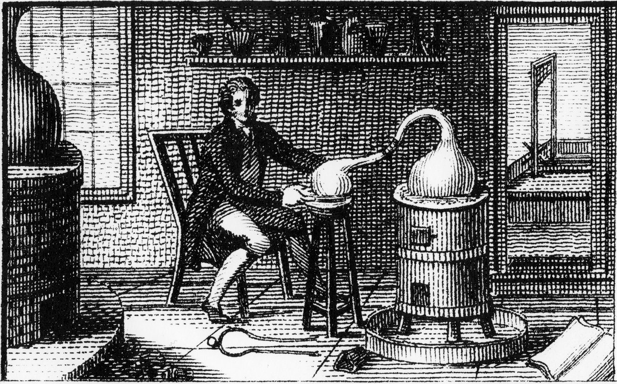 Antoine Laurent Lavoisier, französischer Chemiker des 18. Jahrhunderts, in seinem Labor, 1814 von Unbekannt