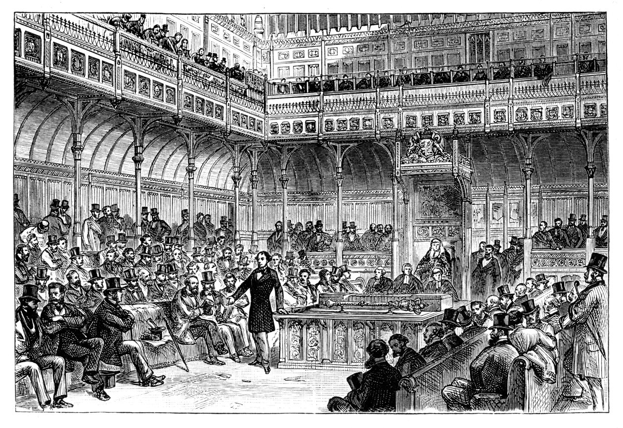 Benjamin Disraeli stellt seinen Reformgesetzentwurf im House of Commons vor, ca. 1867 von Unbekannt