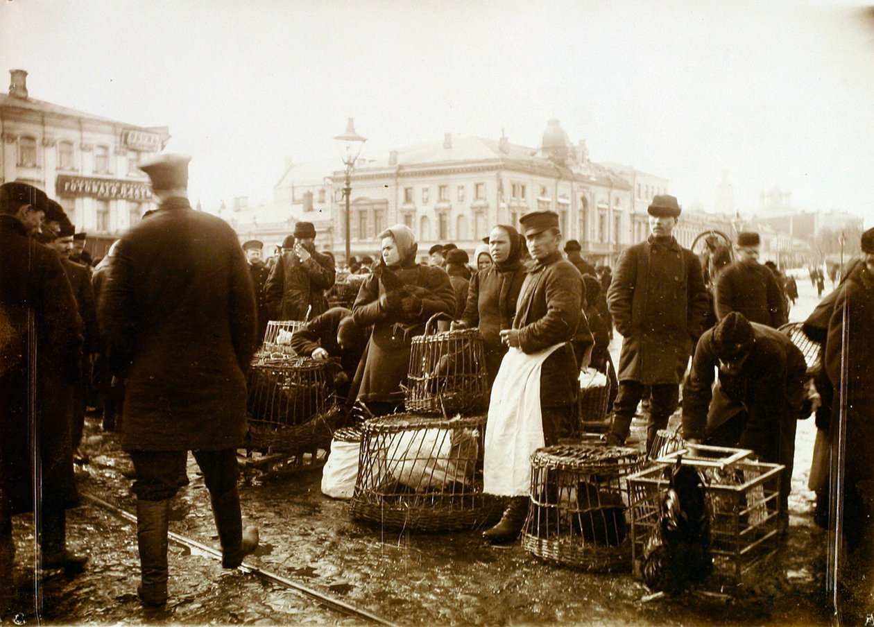Vogelmarkt, Trubnaya-Platz, Moskau, Russland, 1908 von Unbekannt