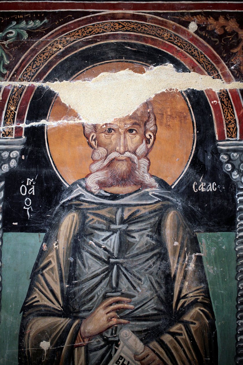 Byzantinisches Fresko aus dem 15. Jahrhundert (Detail) Heiliger Sabas Wandmalerei Michael Erzengel Kapelle, Dorf Galata Zypern Bemalte Kirchen UNESCO-Stätte Troodos, Zypern von Unbekannt