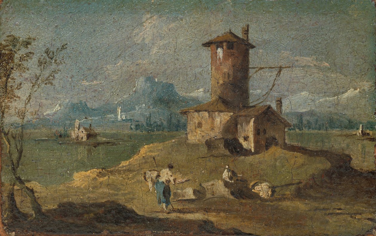 Capriccio mit einer Insel, einem Turm und Häusern von Unbekannt