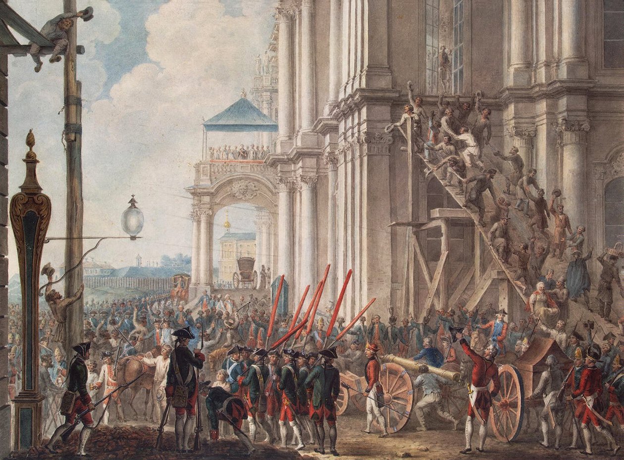 Katharina II. auf dem Balkon des Winterpalastes, begrüßt von den Wachen am Tag der Palastrevolution am 28. Juni 1762, spätes 18. Jahrhundert von Unbekannt