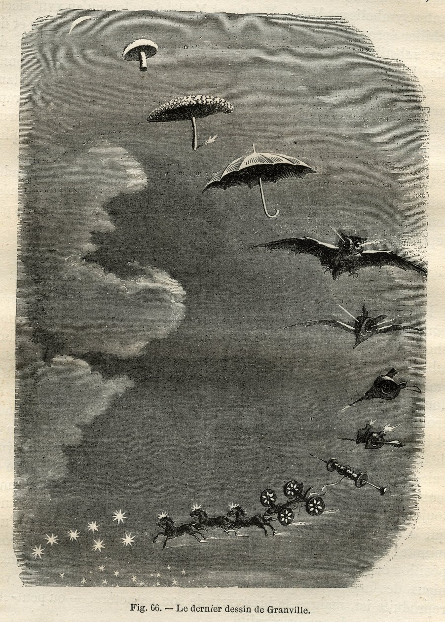 Himmlische Metamorphose: Der Traum eines jungen Mädchens, das den Mond betrachtet, der sich in einen Pilz, Regenschirm, Fledermaus... und schließlich in einen Tank des Großen Bären verwandelt (letzte Zeichnung von Jean-Isidore Gerard, genannt J.J. Grandvil von Unbekannt