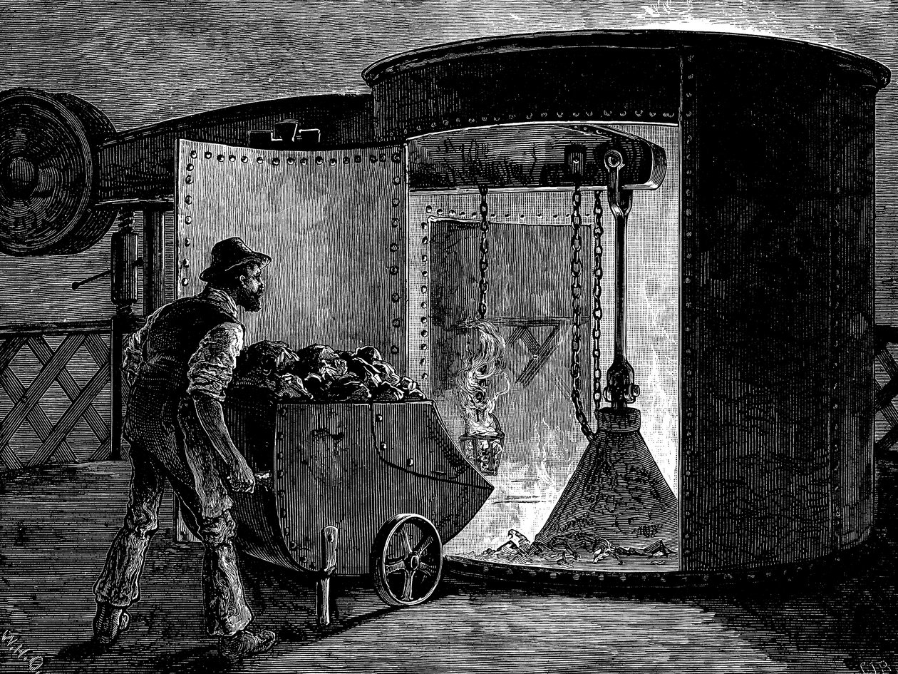 Beschickung eines Hochofens in den Govan Iron Works, Schottland, ca. 1885 von Unbekannt