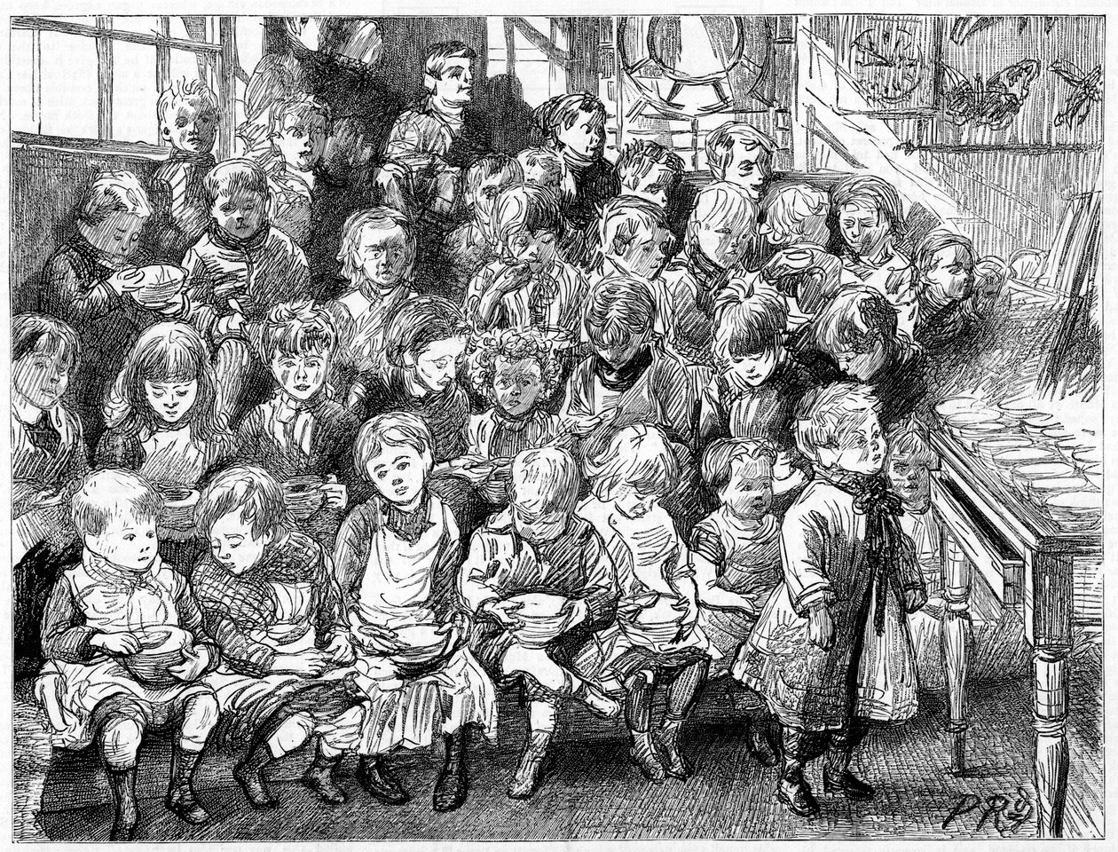 Kinder warten auf Suppe zur Essenszeit, London Board School, Denmark Terrace, Islington, 1889 von Unbekannt
