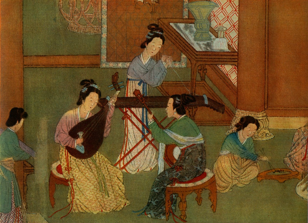 Chinesische Laute pi-pa, Mondgitarre yue-chin und Tischzither tchin, (Detail) von Unbekannt