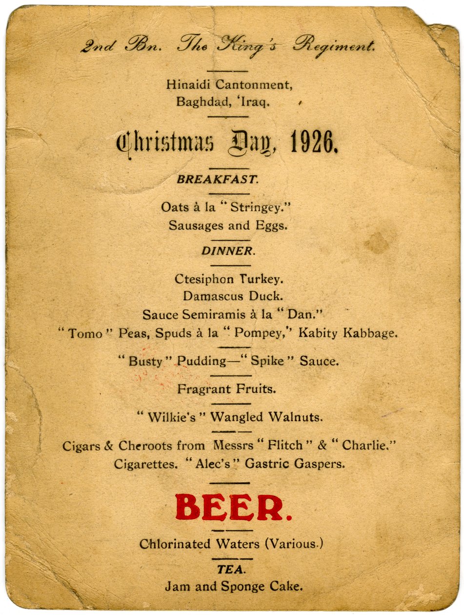 Weihnachtsmenü, 2. Bataillon des Königsregiments, Irak, 1926 von Unbekannt
