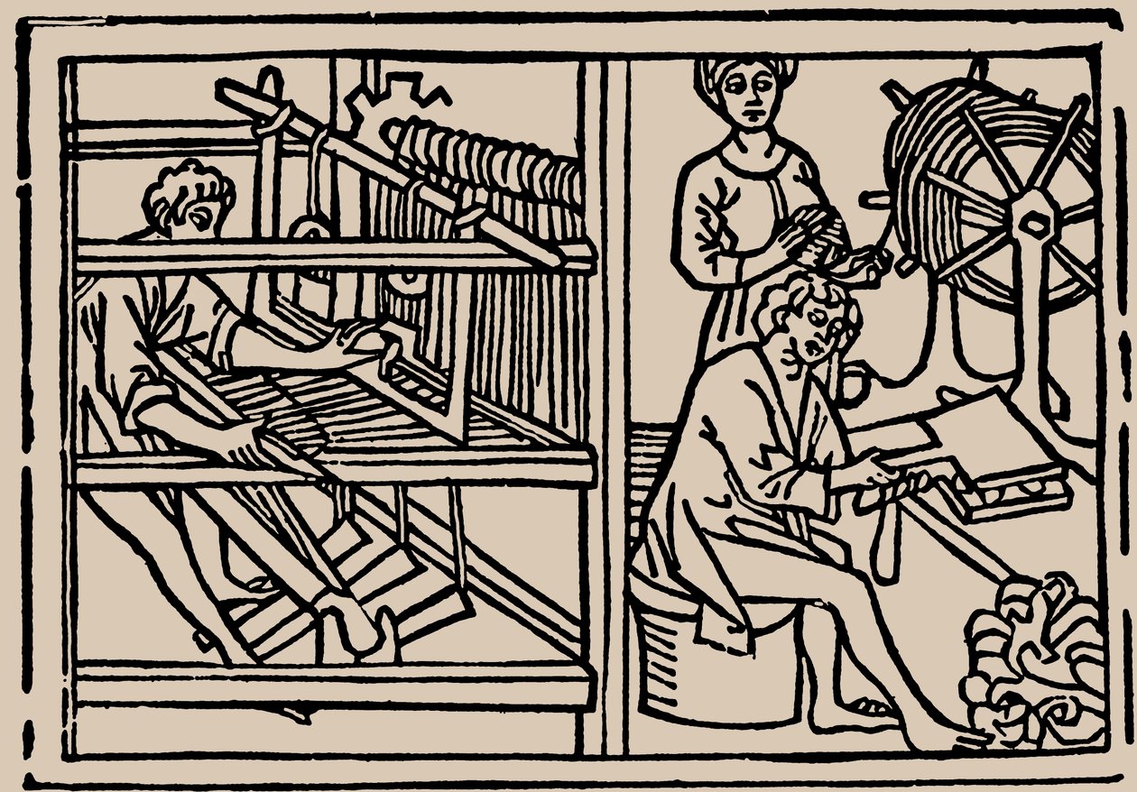 Kämmen, Spinnen und Weben von Wolle. Aus Speculum Vitae Humanae von Rodericus Zamorensis, 1479 von Unbekannt