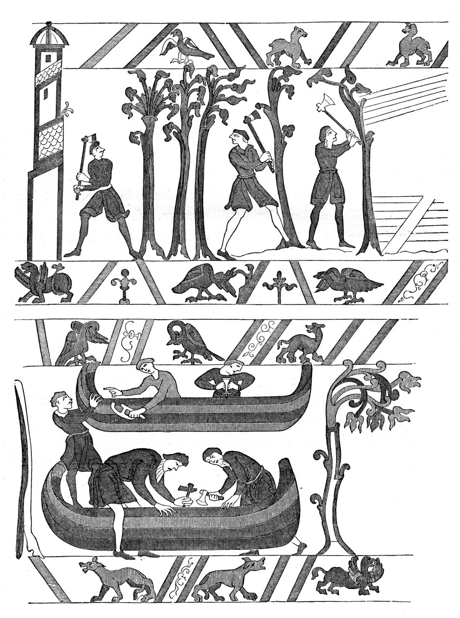 Bau der Boote für Wilhelm I., Bayeux-Tapete, ca. 1070er Jahre, 1870 von Unbekannt