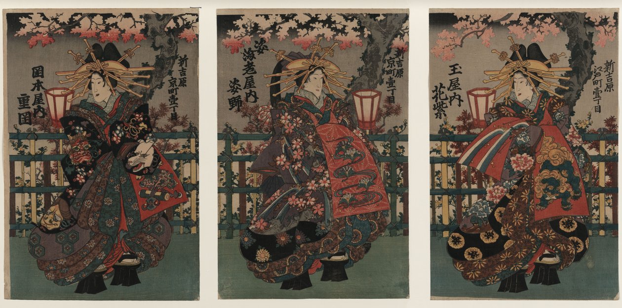 Kurtisanen Shigeoka, Sugatano und Hanamurasaki. Triptychon. Aus der Serie Die Schönheiten von Yoshiw von Unbekannt