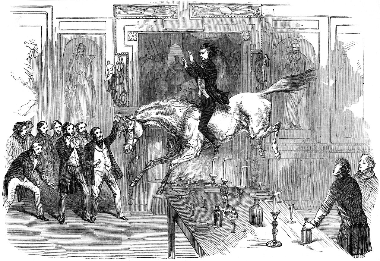 Kühner Sprung im Speisesaal des White Hart Hotels, Aylesbury, Buckinghamshire, 19. Jahrhundert von Unbekannt
