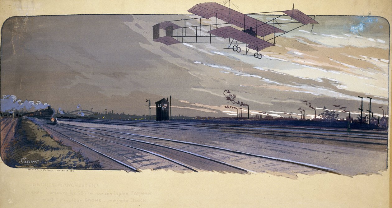 Anfänge der Luftfahrt: Louis Paulhan (1884-1963) überquert eine Eisenbahnstrecke in seinem Doppeldeckerflugzeug während des 300 km langen Rennens London/Manchester am 27. und 28. April 1910 von Unbekannt