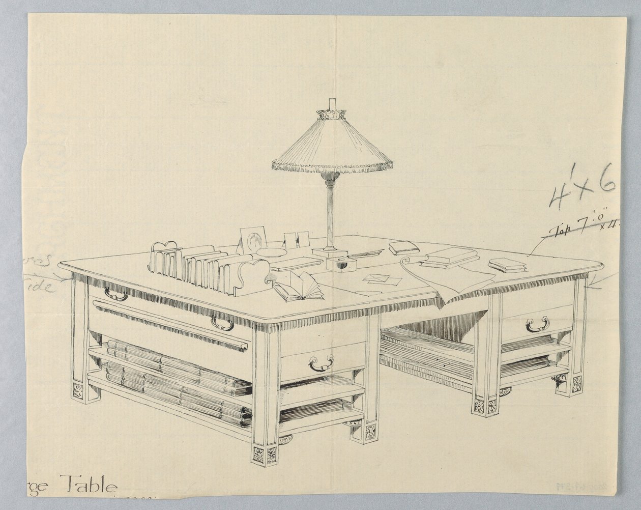 Entwurf für massiven Bibliothekstisch mit zwei offenen Regalböden auf jeder Seite, 1900–05 von Unbekannt