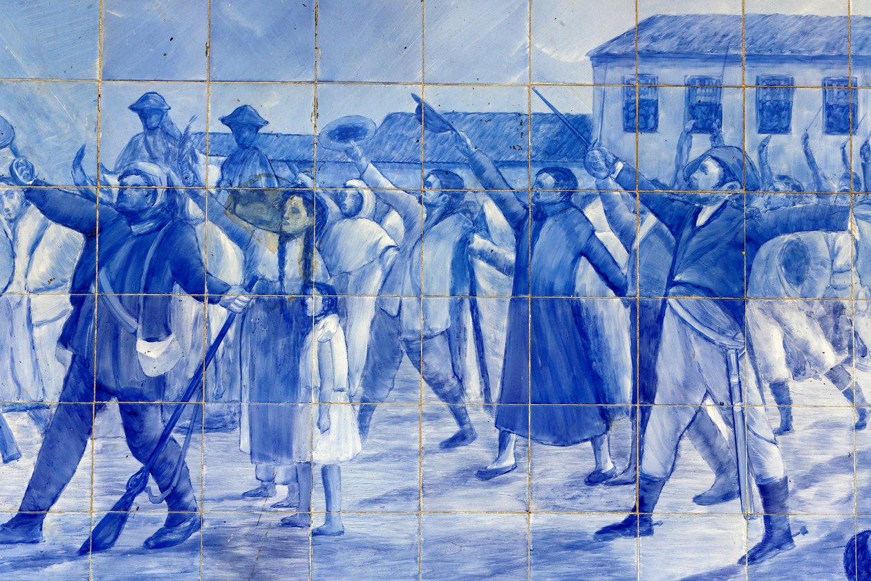 (Detail) Azulejo-Mosaik, das die Menschen von Cachoeira zeigt, die Prinz Pedro zujubeln, der Brasilien zur Unabhängigkeit führte, Cachoeira, Brasilien von Unbekannt