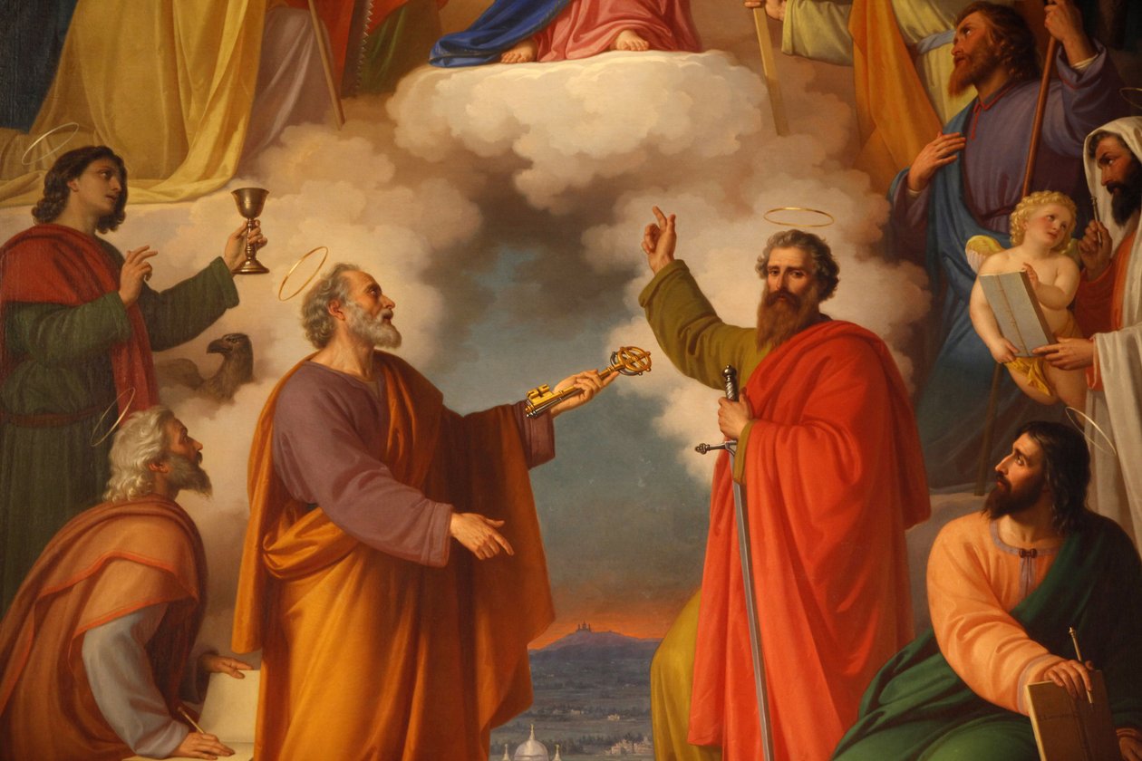 (Detail) eines Gemäldes in der Basilika Maria Ausiliatrice, das den Heiligen Petrus und den Heiligen Paulus zeigt, Turin, Italien von Unbekannt