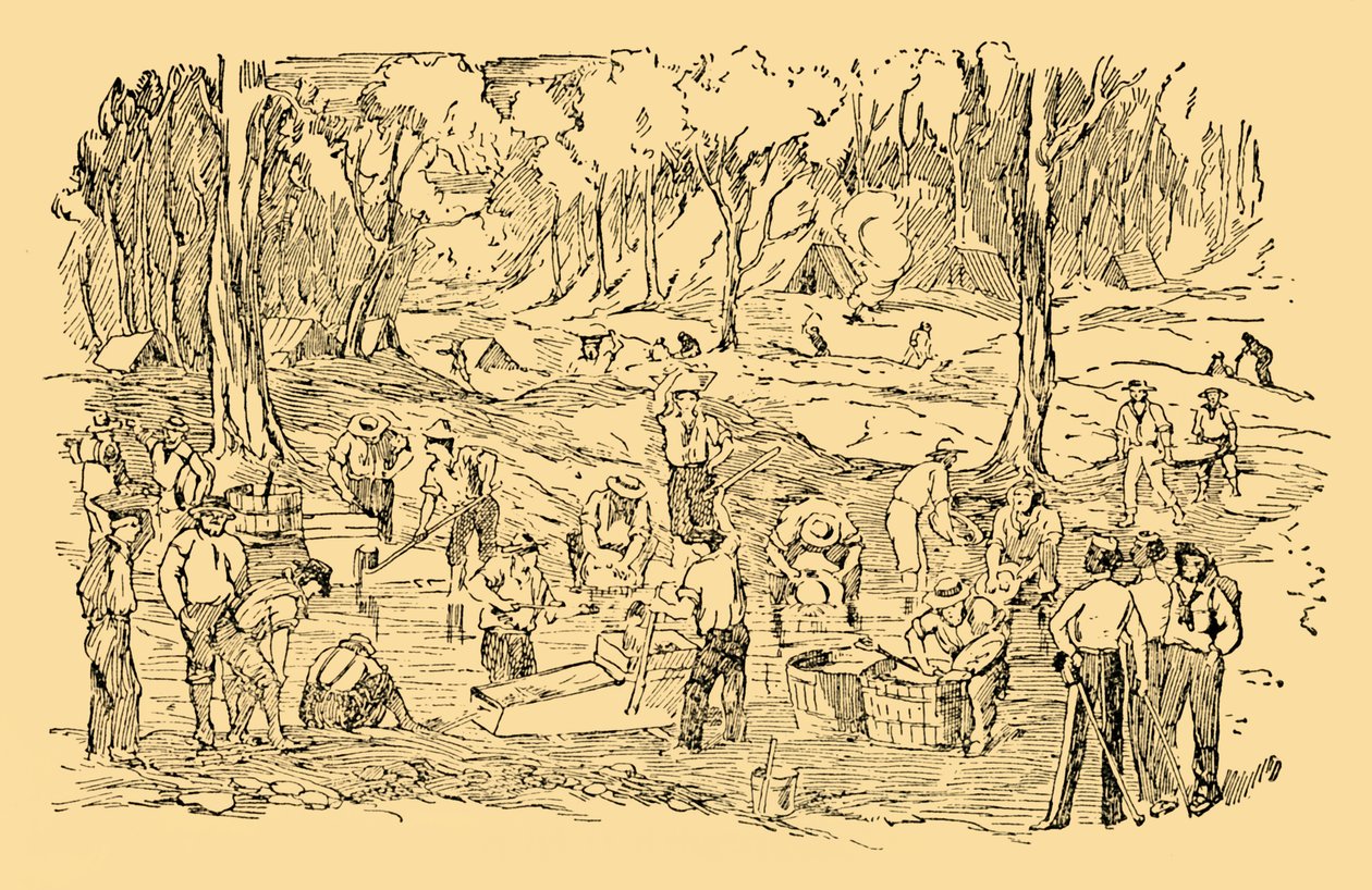 Goldgraben und -waschen in Australien im Jahr 1851, um 1930 von Unbekannt
