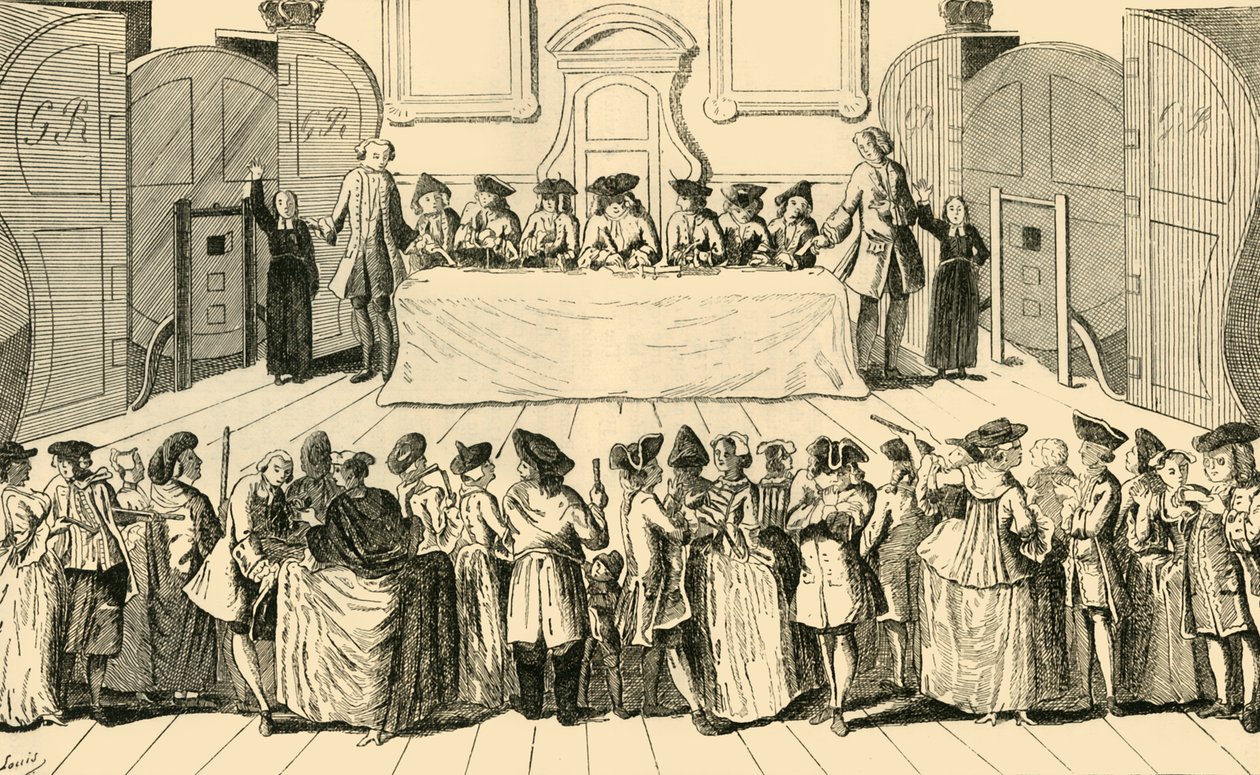 Ziehung der Staatslotterie in der Guildhall, 1751, um 1872 von Unbekannt