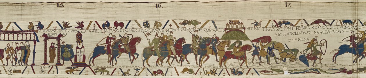 Herzog Wilhelm führt seine Armee in die Bretagne, wo Harold tapfer Soldaten aus dem Treibsand rettet, Teppich von Bayeux (Wollstickerei auf Leinen) von Unbekannt