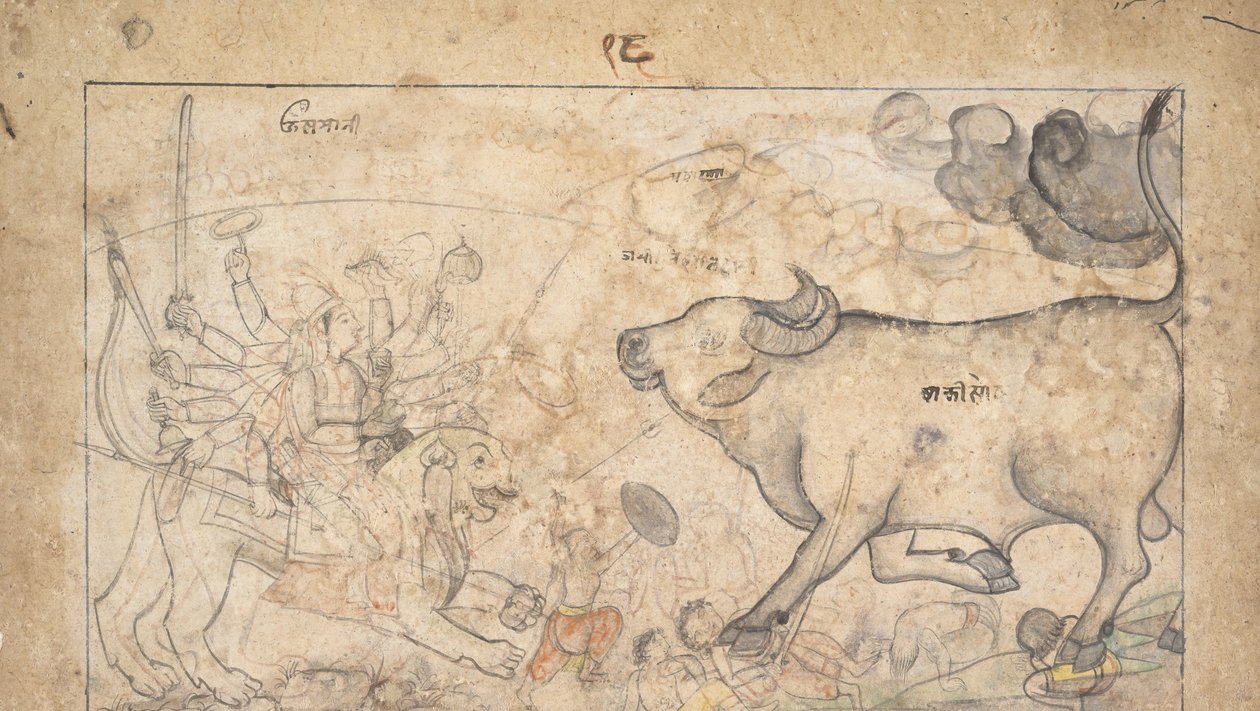 Durga konfrontiert den Büffeldämon Mahisha: Szene aus dem Devi Mahatmya, ca. 1780 von Unbekannt