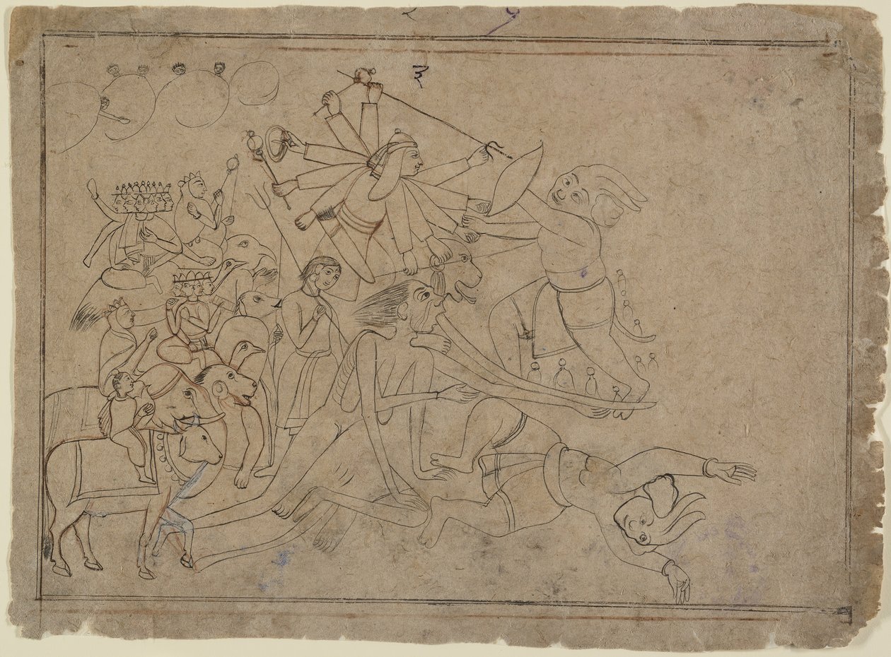 Durga, Kali und die Matrikas kämpfen gegen den Dämon Raktabija: Szene aus dem Devi Mahatmya, ca. 1780 von Unbekannt