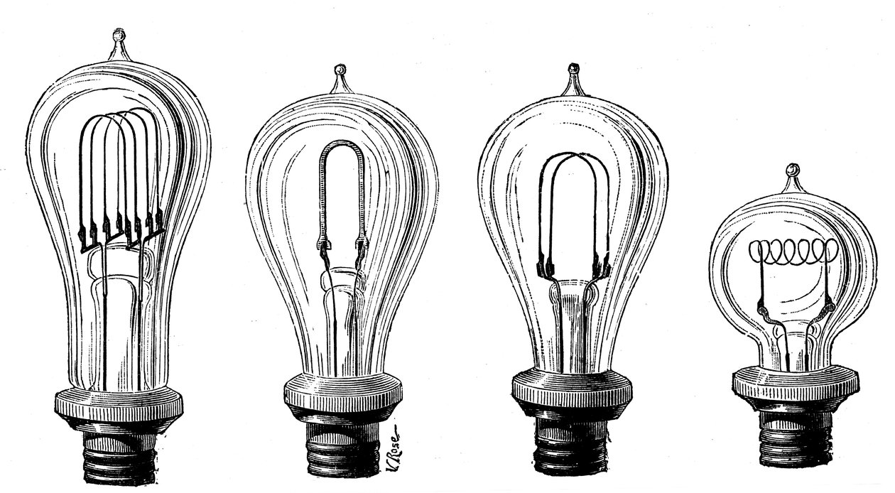 Edisons Glühlampen mit verschiedenen Formen von Kohlefäden, 1883 von Unbekannt