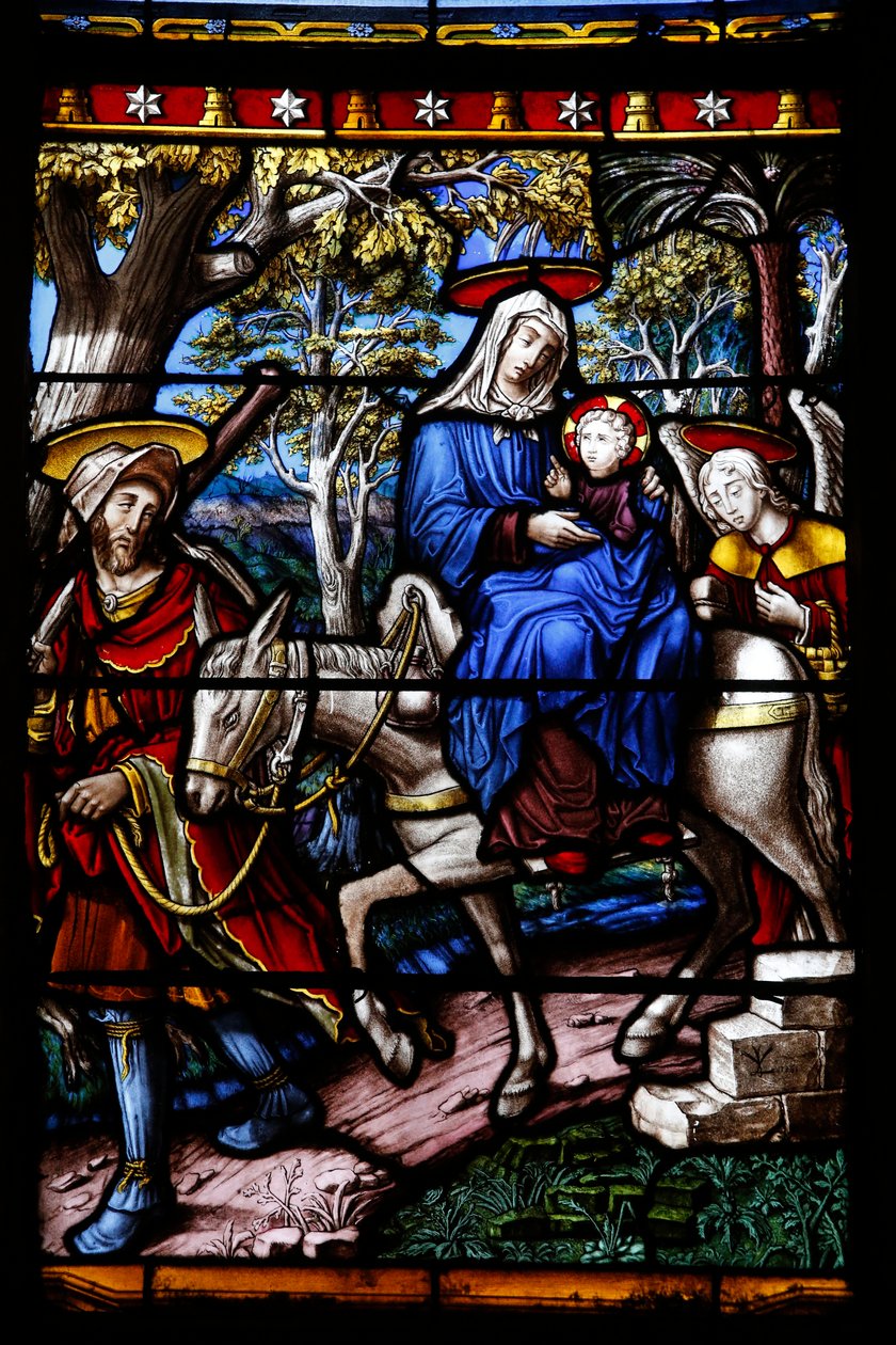 Kirche Saint-Remy de Troyes. Buntglasfenster: Szenen aus dem Leben der Jungfrau. Detail: Die Flucht nach Ägypten. Atelier Vincent-Larcher, 19. Jahrhundert von Unbekannt