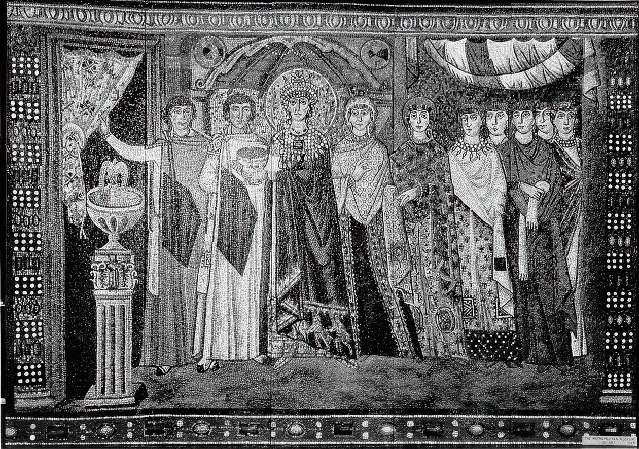 Kaiserin Theodora und Mitglieder ihres Hofes (frühes 20. Jahrhundert, Original aus dem 6. Jahrhundert) von Unbekannt